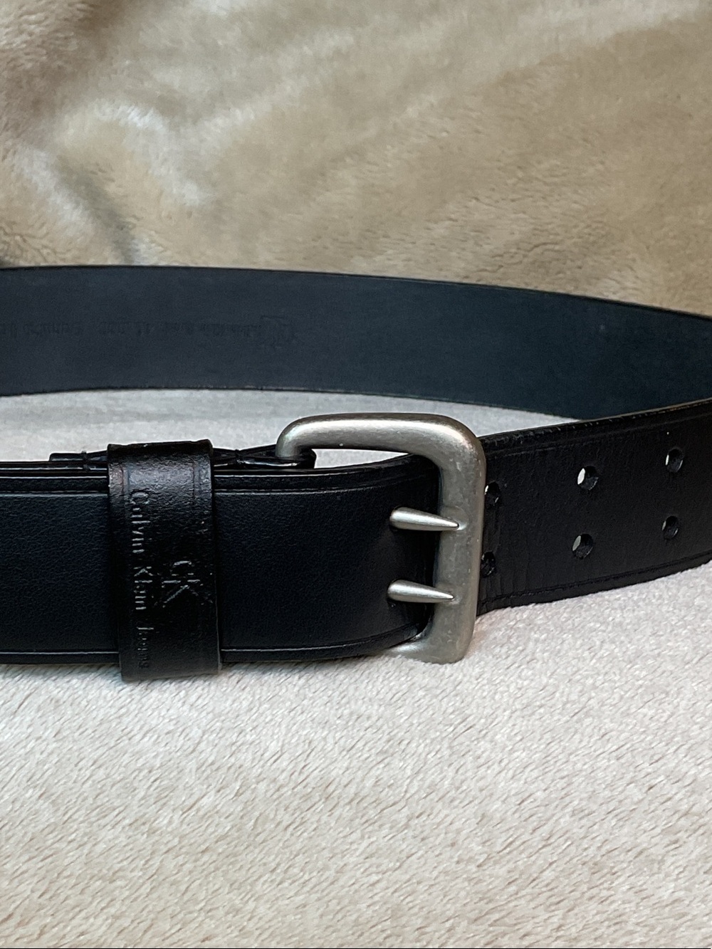 Calvin Klein Genuine  Black Leather Women’s Double-Prong Belt with Silver Buckle
